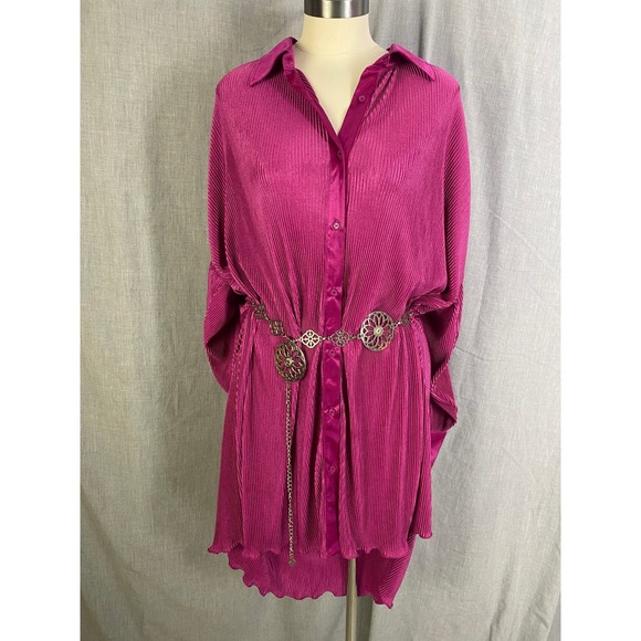 12th‎ Tribe Pleated Satin Button Down Tunic Shirt Dress Magenta Pink L NWT - Picture 13 of 16